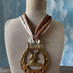 Brown and White Printed Silk Scarf Necklace with Gold-Tone Windmill Pendant